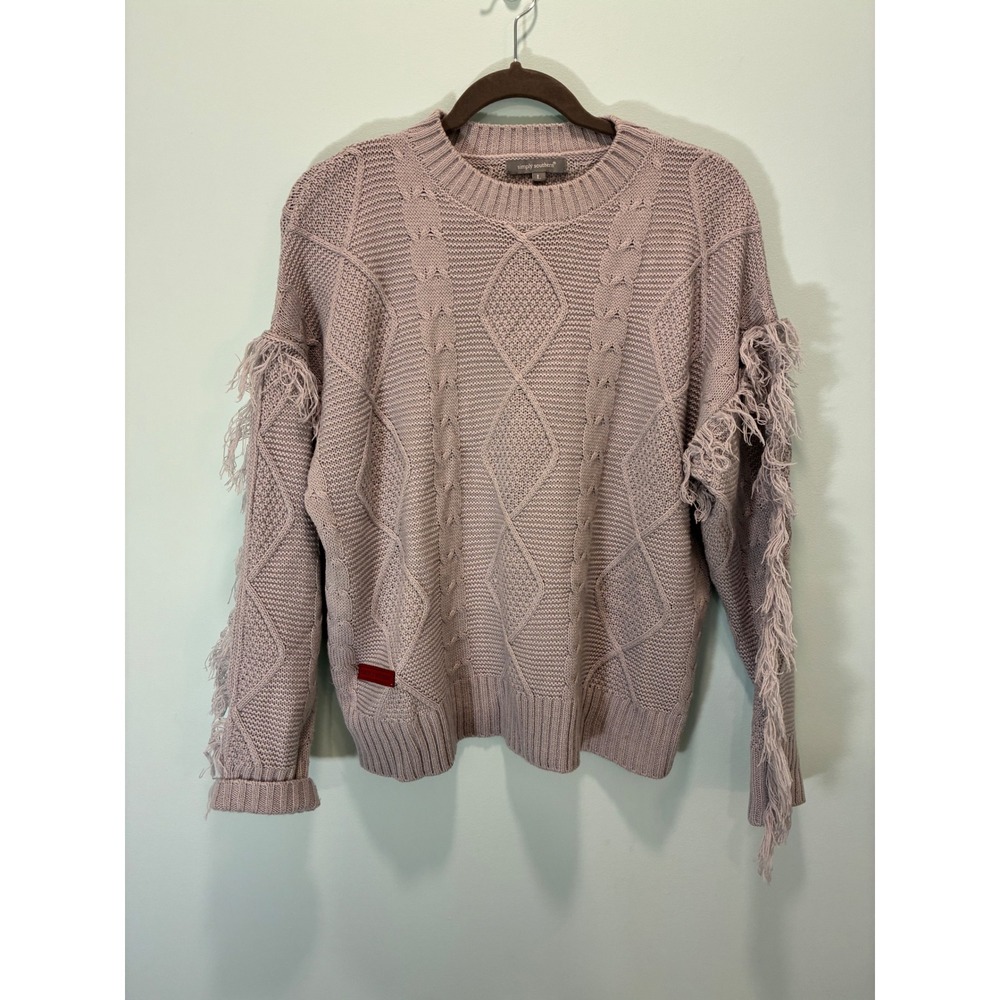 Simply Southern Women's Brown Cable Knit Fringe Sleeve Sweater Large